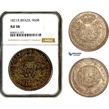 AL371, Brazil, Joao VI, 960 Reis 1821 R, Rio de Janeiro Mint, Silver, NGC AU58
