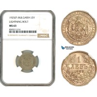 AL374, Bulgaria, Boris III, 1 Lev 1925 (P) Lightning Bolt, Poissy Mint, NGC MS63