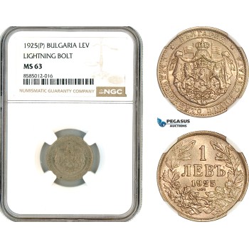 AL374, Bulgaria, Boris III, 1 Lev 1925 (P) Lightning Bolt, Poissy Mint, NGC MS63