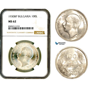 AL375, Bulgaria, Boris III, 100 Leva 1930 BP, Budapest Mint, Silver, NGC MS62