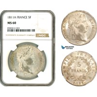 AL378, France, Napoleon, 5 Francs 1811 A, Paris Mint, Silver, NGC MS60