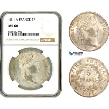 AL378, France, Napoleon, 5 Francs 1811 A, Paris Mint, Silver, NGC MS60