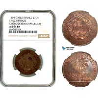 AL381, France, Louis XIV, Bronze Medal 1704, Embroiderers - Chasubliers, NGC MS64BN