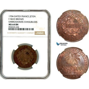 AL381, France, Louis XIV, Bronze Medal 1704, Embroiderers - Chasubliers, NGC MS64BN