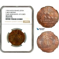 AL382, France, Louis XIV, Bronze Medal 1705, Paris Merchants - 1ST Corps, Ship, NGC MS64BN