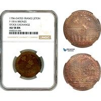 AL383, France, Louis XIV, Bronze Medal 1706, Stock Exchange, Bee, Hive, NGC AU58BN