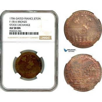 AL383, France, Louis XIV, Bronze Medal 1706, Stock Exchange, Bee, Hive, NGC AU58BN