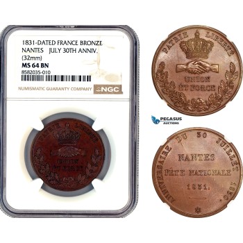 AL386, France, Nantes, Bronze Medal 1831, July 30TH Anniv, NGC MS64BN