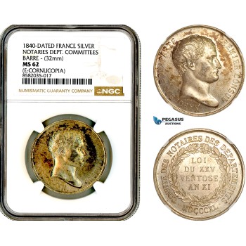 AL387, France, Napoleon I, Silver Medal 1840, by Barre, Notaries Committees, NGC MS62
