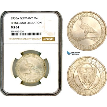 AL389, Germany, Weimar Republic, 3 Reichsmark 1930 A, Berlin Mint, Silver, "Rhineland Liberation", NGC MS64