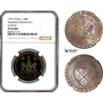 AL397, India, United East India Company, Madras Presidency, 1/48 Rupee 1797, Soho Mint, NGC PF64BN AL397, India, United East India Company, Madras Presidency, 1/48 Rupee 1797, Soho Mint, NGC PF64BN