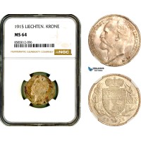 AL401, Liechtenstein, Johann, 1 Krone 1915, Vienna Mint, Silver, NGC MS64 AL401, Liechtenstein, Johann, 1 Krone 1915, Vienna Mint, Silver, NGC MS64