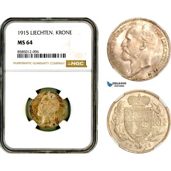 AL401, Liechtenstein, Johann, 1 Krone 1915, Vienna, Silver, NGC MS64 AL401, Liechtenstein, Johann, 1 Krone 1915, Vienna, Silver, NGC MS64