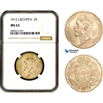 AL402, Liechtenstein, Johann, 2 Kronen 1912, Vienna Mint, Silver, NGC MS63 AL402, Liechtenstein, Johann, 2 Kronen 1912, Vienna Mint, Silver, NGC MS63