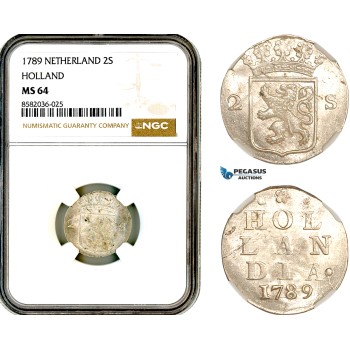 AL403, Netherlands, Holland, 2 Stuivers 1789, Silver, NGC MS64, Top Pop!