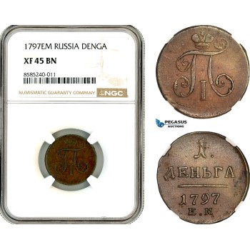 AL405, Russia, Paul I, Denga (1/2 Kopek) 1797 ЕМ, Ekaterinburg Mint, NGC XF45BN