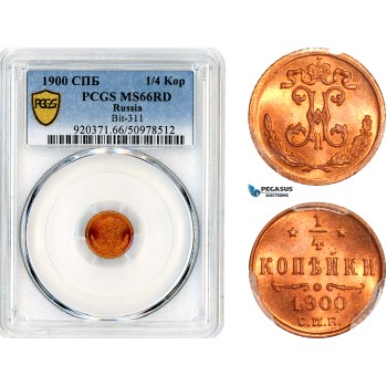 AL422, Russia, Nicholas II, 1/4 Kopek 1900 СПБ, St. Petersburg Mint, PCGS MS66RD AL422, Russia, Nicholas II, 1/4 Kopek 1900 СПБ, St. Petersburg Mint, PCGS MS66RD