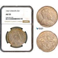 AL429, Straits Settlements, Edward VII, 1 Dollar 1907, London Mint, Silver, NGC AU55