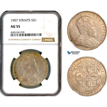 AL429, Straits Settlements, Edward VII, 1 Dollar 1907, London Mint, Silver, NGC AU55 AL429, Straits Settlements, Edward VII, 1 Dollar 1907, London Mint, Silver, NGC AU55