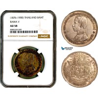 AL431, Thailand, Rama V, 1 Baht ND (1876-1900) Silver, NGC AU58