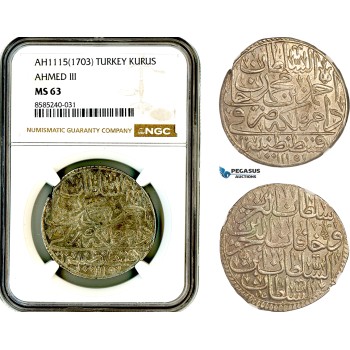 AL432, Turkey, Ottoman Empire, Ahmed III, 1 Kurus AH1115 (1703) Islambul Mint, Silver, NGC MS63