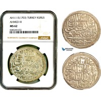 AL433, Turkey, Ottoman Empire, Ahmed III, 1 Kurus AH1115 (1703) Islambul Mint, Silver, NGC MS62