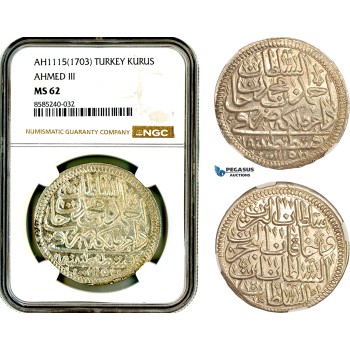 AL433, Turkey, Ottoman Empire, Ahmed III, 1 Kurus AH1115 (1703) Islambul Mint, Silver, NGC MS62 AL433, Turkey, Ottoman Empire, Ahmed III, 1 Kurus AH1115 (1703) Islambul Mint, Silver, NGC MS62