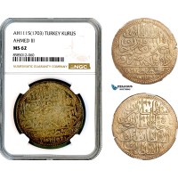 AL434, Turkey, Ottoman Empire, Ahmed III, 1 Kurus AH1115 (1703) Islambul Mint, Silver, NGC MS62