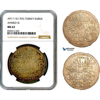 AL434, Turkey, Ottoman Empire, Ahmed III, 1 Kurus AH1115 (1703) Islambul Mint, Silver, NGC MS62