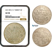 AL435, Turkey, Ottoman Empire, Abdülhamid I, 2 Zolota AH1187//11, Islambul Mint, Silver, NGC AU58