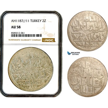 AL435, Turkey, Ottoman Empire, Abdülhamid I, 2 Zolota AH1187//11, Islambul Mint, Silver, NGC AU58 AL435, Turkey, Ottoman Empire, Abdülhamid I, 2 Zolota AH1187//11, Islambul Mint, Silver, NGC AU58