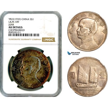 AL444, China, "Junk" Dollar Yr. 22 (1933), Silver, L&M-109, NGC AU Details