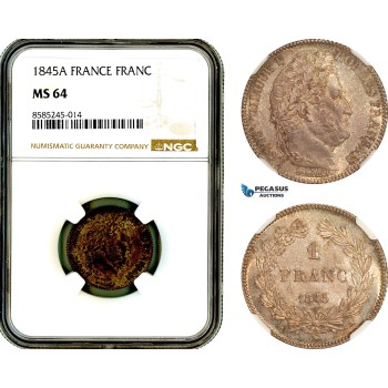 AL446, France, Louis Philippe I, 1 Franc 1845 A, Paris Mint, Silver, NGC MS64, Top Pop and single finest graded!