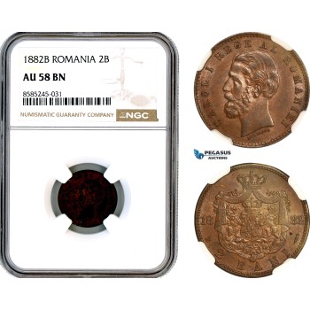 AL453, Romania, Carol I, 2 Bani 1882 B, Bucharest Mint, NGC AU58BN