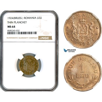 AL454, Romania, Ferdinand, 1 Leu 1924, Brussels Mint, Thin Planchet, NGC MS64