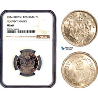 AL455, Romania, Ferdinand, 2 Lei 1924, Brussels Mint, NGC MS64