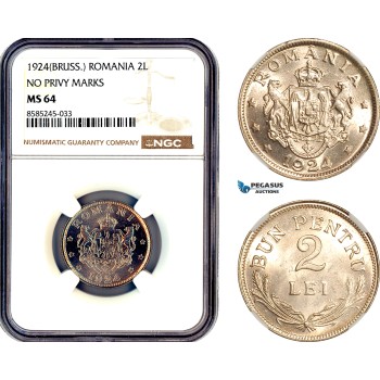 AL455, Romania, Ferdinand, 2 Lei 1924, Brussels Mint, NGC MS64