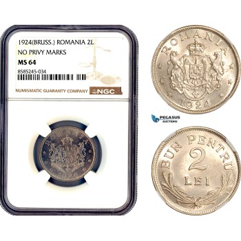 AL456, Romania, Ferdinand, 2 Lei 1924, Brussels Mint, NGC MS64