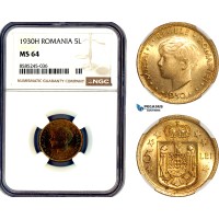 AL457, Romania, Mihai I, 5 Lei 1930 H, Heaton Mint, NGC MS64