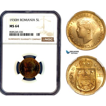 AL457, Romania, Mihai I, 5 Lei 1930 H, Heaton Mint, NGC MS64