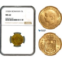 AL458, Romania, Mihai I, 5 Lei 1930 KN, Kings Norton Mint, NGC MS62 (Slab error as H)