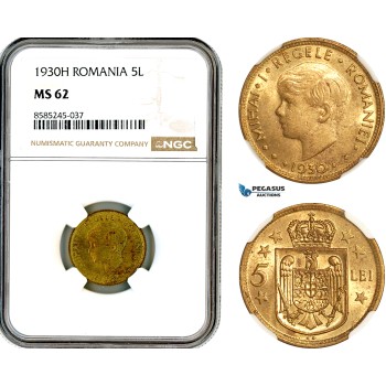 AL458, Romania, Mihai I, 5 Lei 1930 KN, Kings Norton Mint, NGC MS62 (Slab error as H)