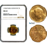 AL459, Romania, Mihai I, 5 Lei 1930, Paris Mint, NGC MS63