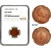 AL467, Straits Settlements, Edward VII, 1/4 Cent 1905, Calcutta Mint, NGC AU58BN