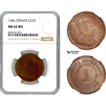 AL468, Straits Settlements, Edward VII, 1 Cent 1906, Calcutta Mint, NGC MS62BN, Rare!