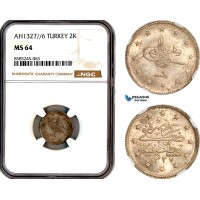 AL469, Turkey, Ottoman Empire, Mehmed Reshad V, 2 Kurush AH1327//6, Konstantiniye Mint, Silver, NGC MS64
