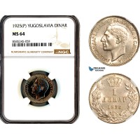 AL470, Yugoslavia, Alexander I, 1 Dinar 1925 P, Poissy Mint, NGC MS64