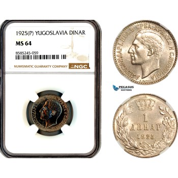 AL470, Yugoslavia, Alexander I, 1 Dinar 1925 P, Poissy Mint, NGC MS64
