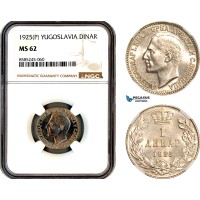 AL471, Yugoslavia, Alexander I, 1 Dinar 1925 P, Poissy Mint, NGC MS62