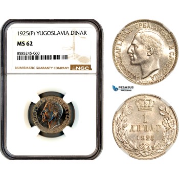 AL471, Yugoslavia, Alexander I, 1 Dinar 1925 P, Poissy Mint, NGC MS62